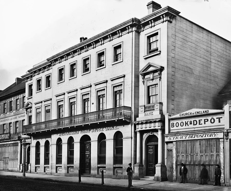 Australian Joint Stock Bank and Church of England Book Depot, Sydney — photograph, 1875
