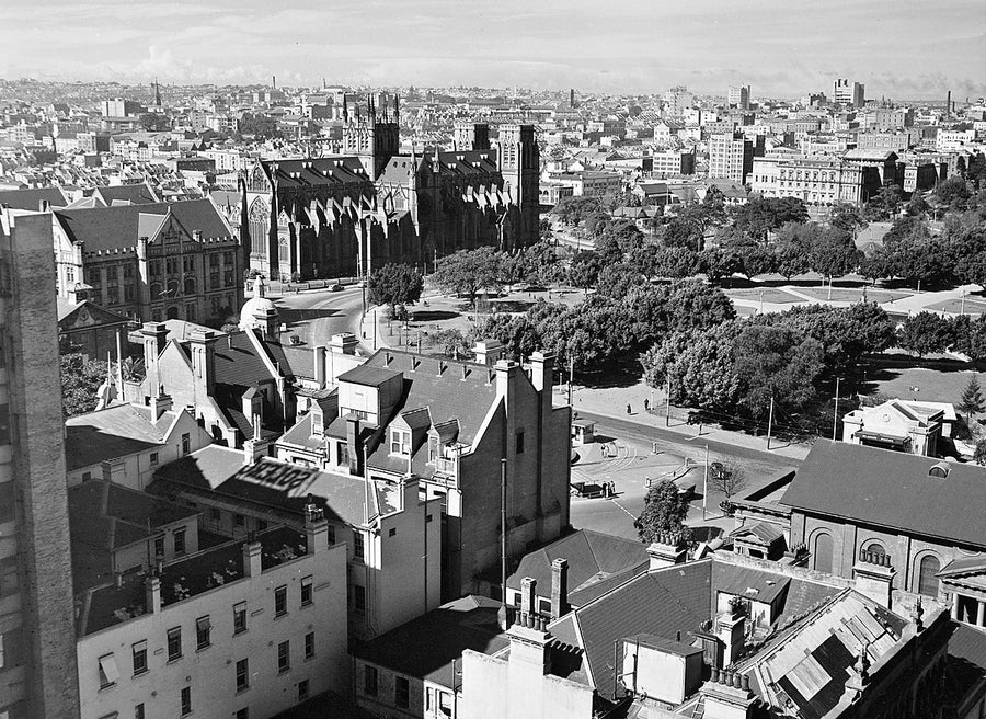St Mary's Cathedral above Sydney rooftops — photograph, from St Mary's Cathedral, 1951