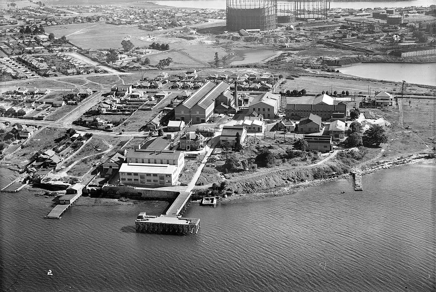 Cabarita Point paint works and wharf from the air — photograph, from Cabarita Point, after 1935