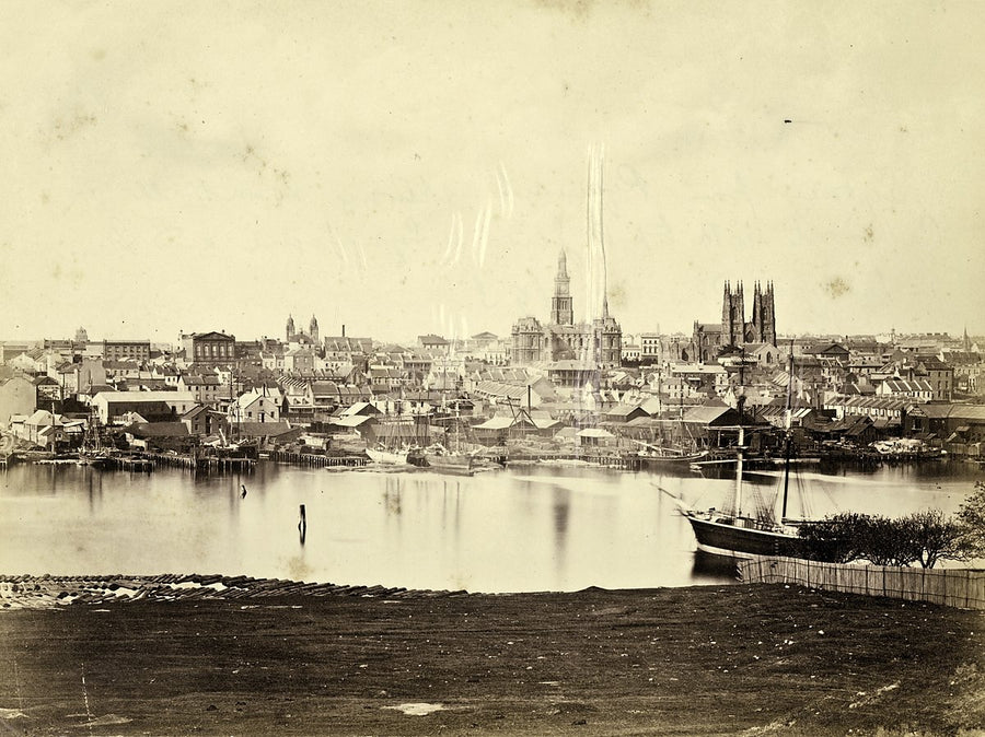 Sydney across Darling Harbour from Pyrmont, with the Town Hall, St Andrew's Cathedral and Great Synagogue — photograph, from Pyrmont, c. 1878–83