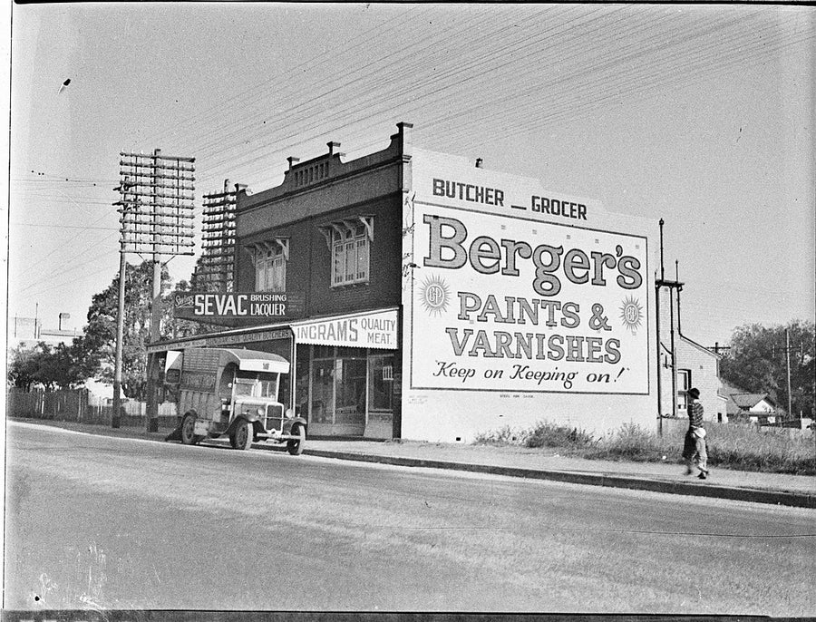 Ingram's butcher shop, Parramatta Road, Ashfield — photograph, from Parramatta Road, c. 1930s