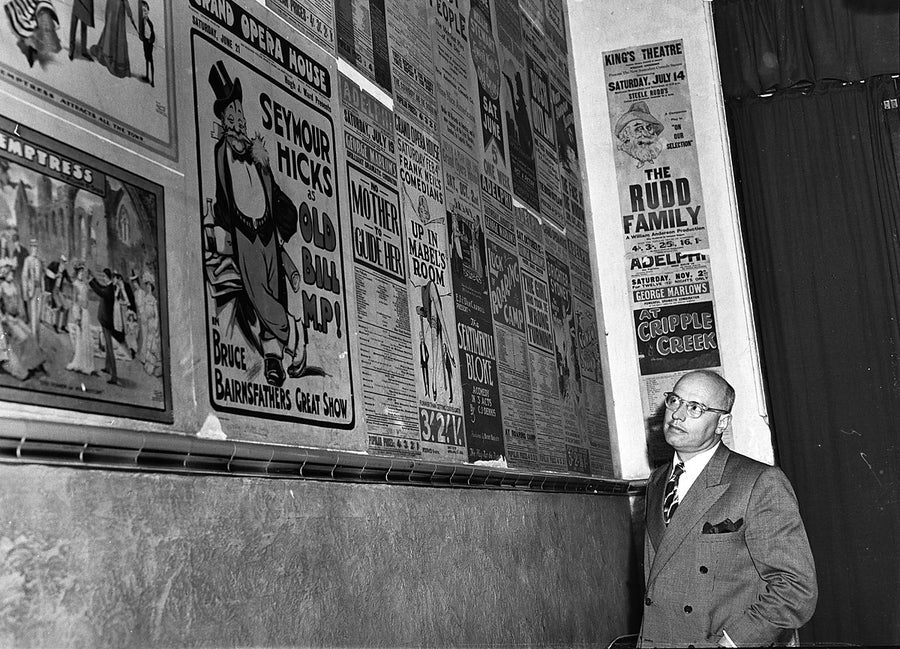 Wall of old theatre playbills, Sydney — photograph, from Sydney, 1949