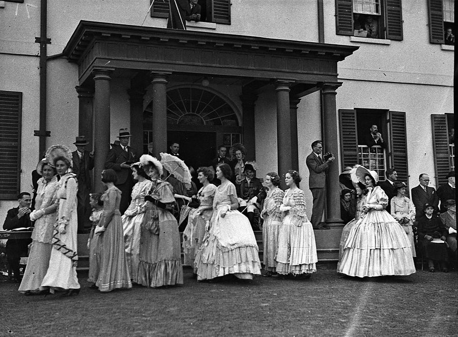 Costumed participants at Old Government House, Parramatta, 1938 Sesquicentenary — photograph, from Old Government House