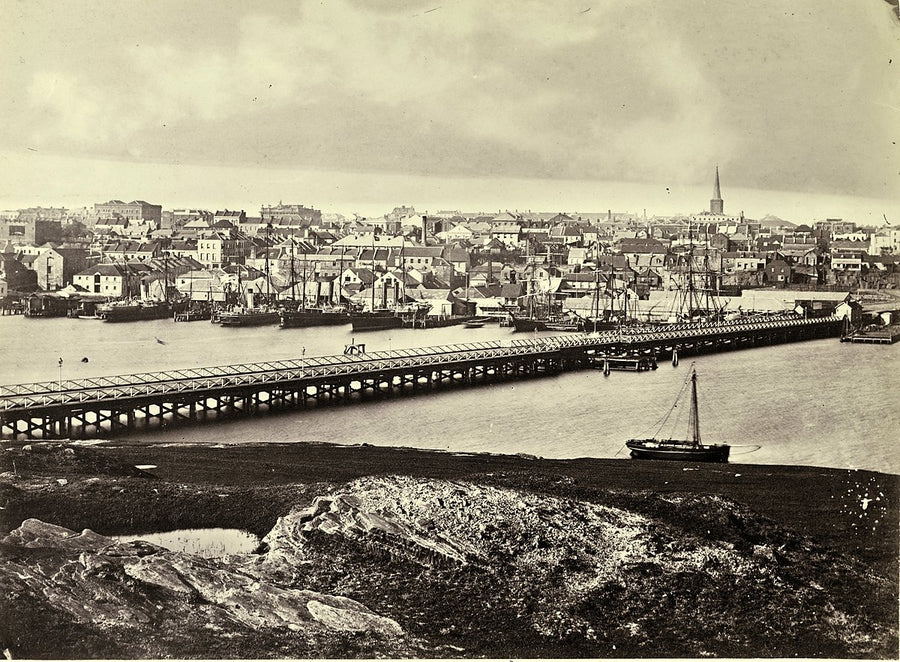 First Pyrmont Bridge, Darling Harbour — photograph, from Pyrmont Bridge, c. 1870s