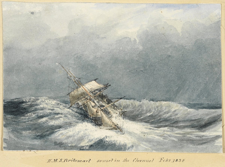 H.M.S. Britomart at sunset in the Channel — illustration, 1838