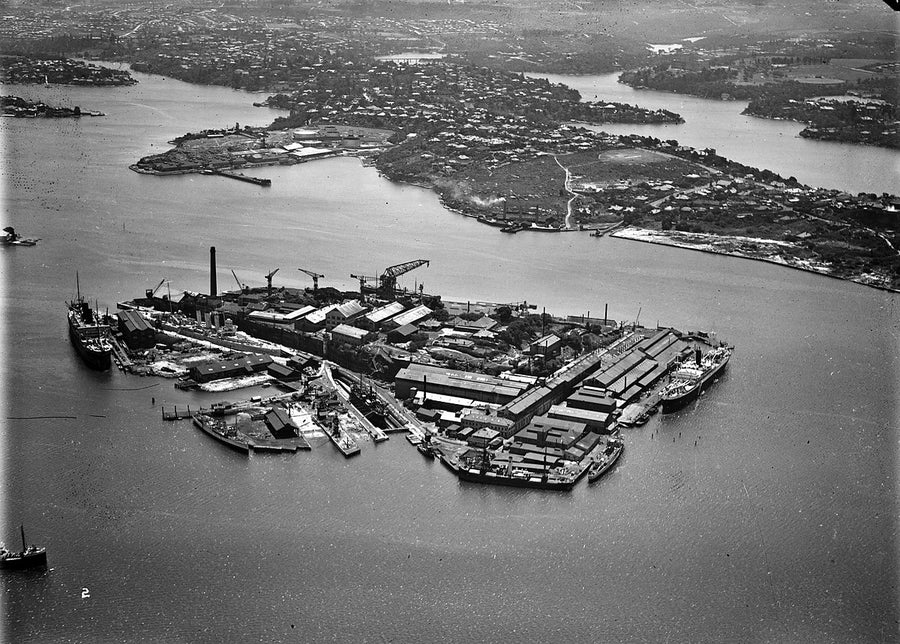 Cockatoo Island dockyards from the air, Sydney Harbour — photograph, from Woolwich, 1930s