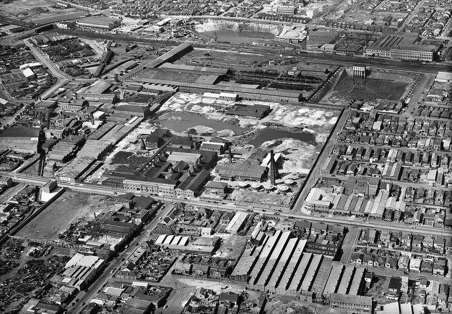 Pottery works and surrounding industrial district, aerial view — photograph, c. 1950