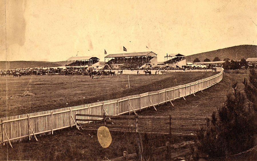 Randwick Racecourse with grandstands and crowds — photograph, from Randwick Racecourse, 1863