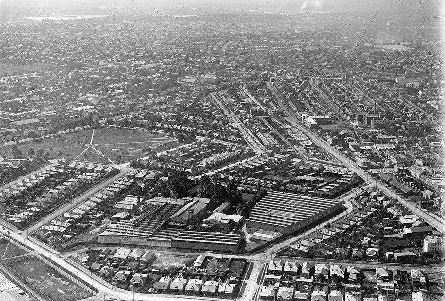 Factory complex at Mandible and Bowden Streets, Alexandria, from the air — photograph, from Mandible Street, c. 1937