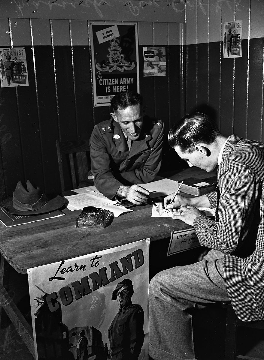 Signing on at the Marrickville army recruiting desk — photograph, from Marrickville, 1948