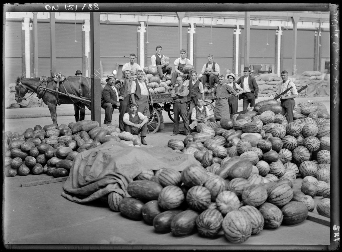 Market workers among melons and pumpkins, City Markets, Haymarket — photograph, from City Markets, Hay Street, Haymarket, Sydney, circa 1913