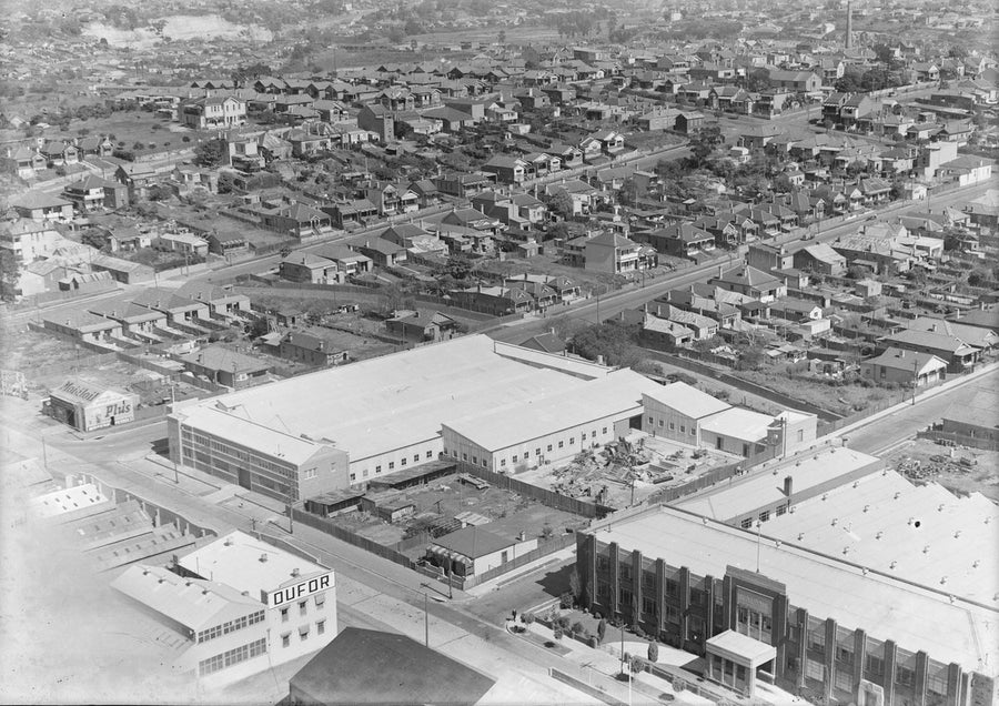 Dufor factory and surrounding streets from the air — photograph, from Marrickville, circa 1940