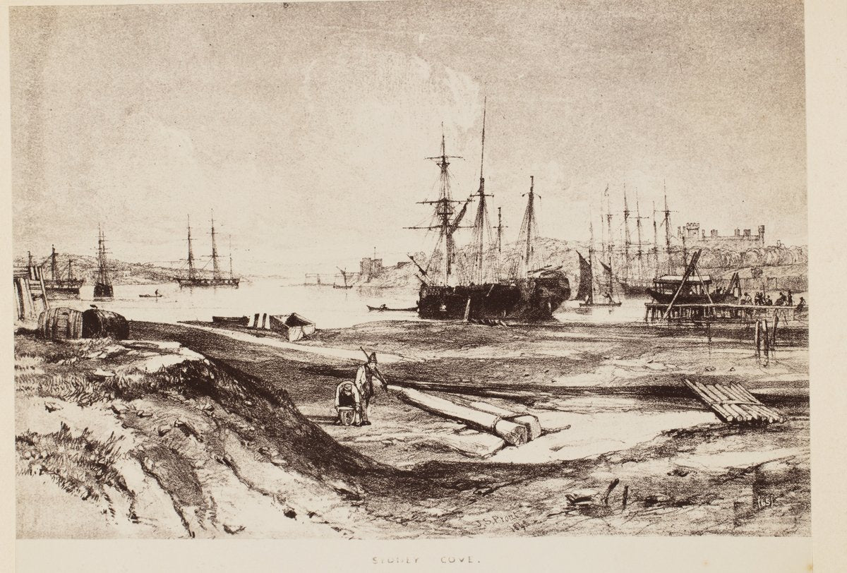 Sydney Cove with shipping and a careened vessel, after John Skinner Prout — illustration, from Sydney Cove, Sydney, circa 1870