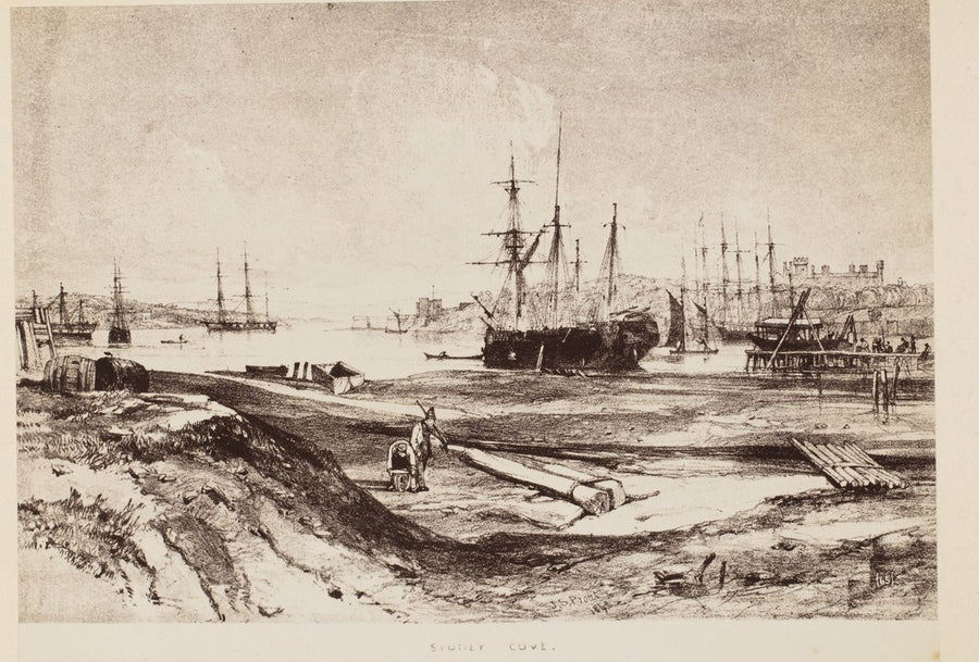 Sydney Cove with shipping and a careened vessel, after John Skinner Prout — illustration, from Sydney Cove, Sydney, circa 1870
