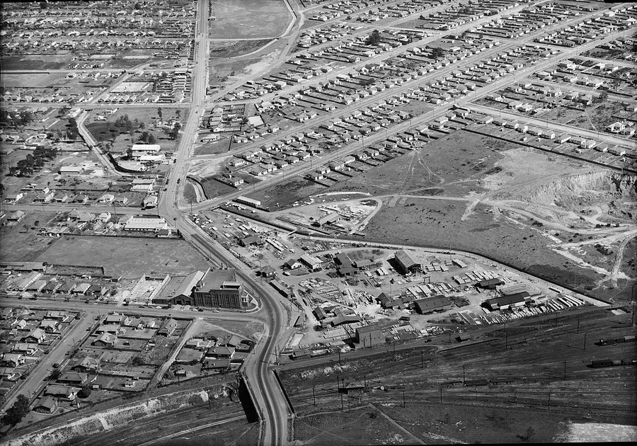Sydney factory yards and rail sidings from the air — photograph, c. 1950