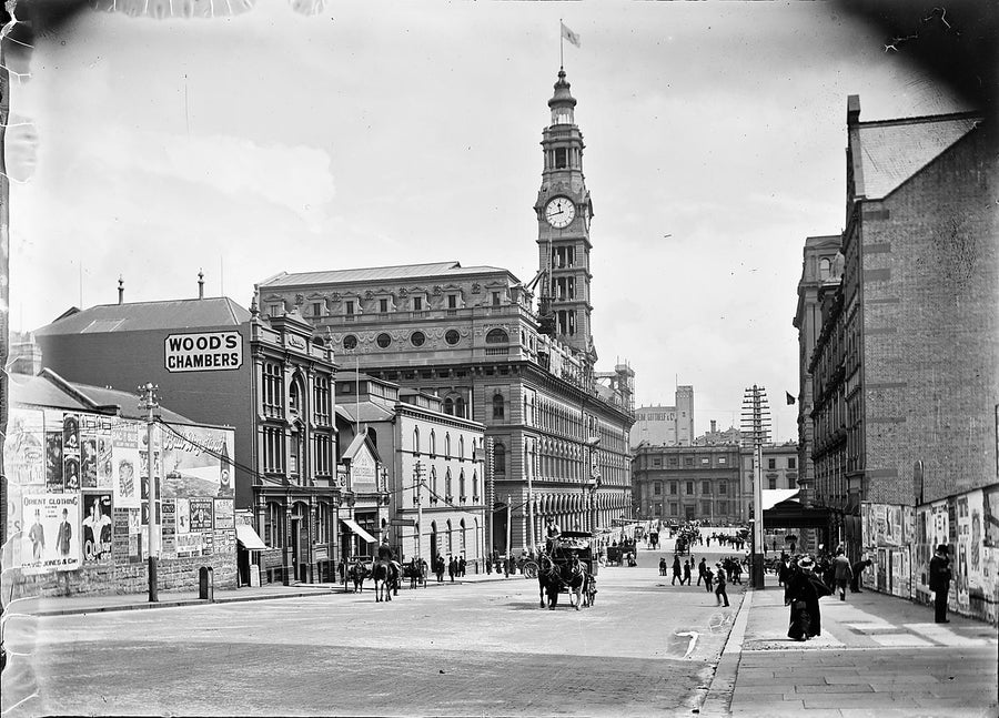 Martin Place looking west, with the General Post Office clock tower — photograph, from Martin Place, circa 1898