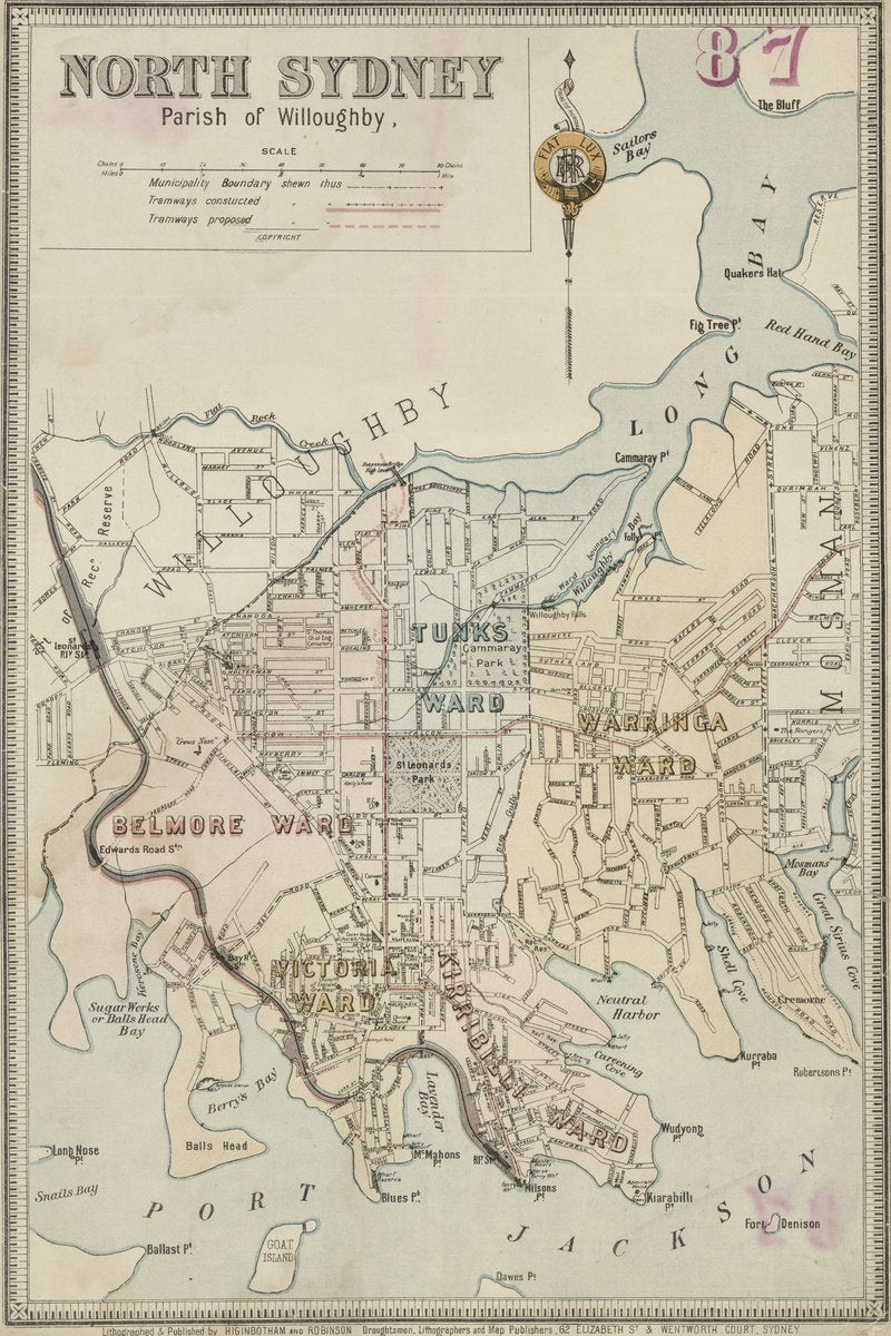 North Sydney, Parish of Willoughby — Higinbotham & Robinson suburban map — map, from North Sydney, New South Wales, circa 1890