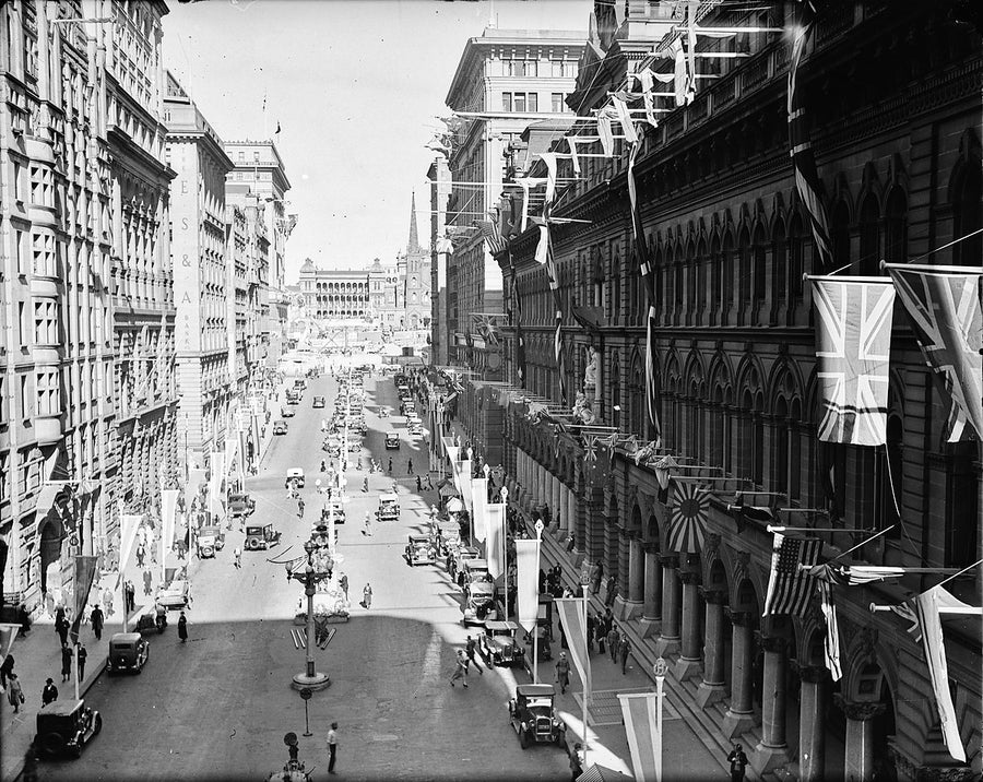 Martin Place strung with the flags of the Great War Allies — photograph, from Martin Place, circa 1932