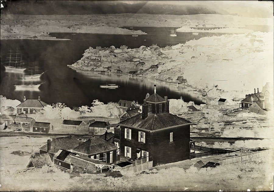 Lavender Bay waterfront from Holtermann's tower, 1875 — photograph, from Lavender Bay, circa 1875