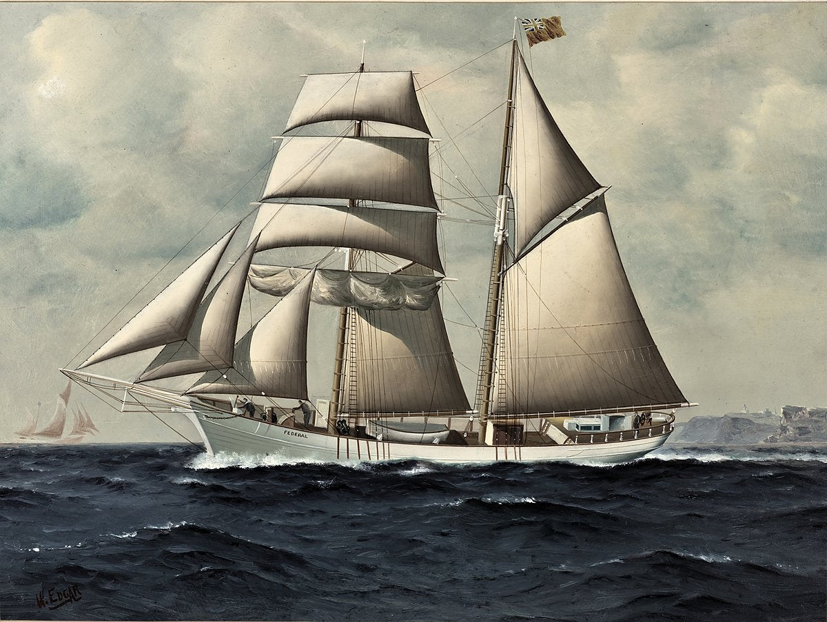 Topsail Schooner "Federal" off South Head with Macquarie Lighthouse — photograph, from Vaucluse, c. 1900–20