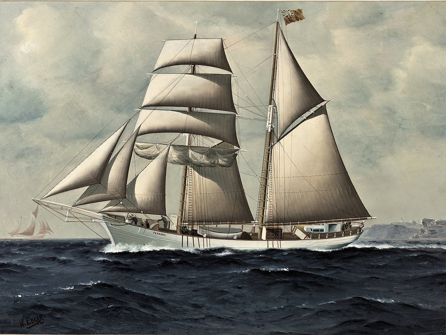 Topsail Schooner "Federal" off South Head with Macquarie Lighthouse — photograph, from Vaucluse, c. 1900–20