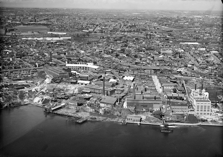 Industrial waterfront at Balmain from the air — photograph, from Balmain, c. 1940