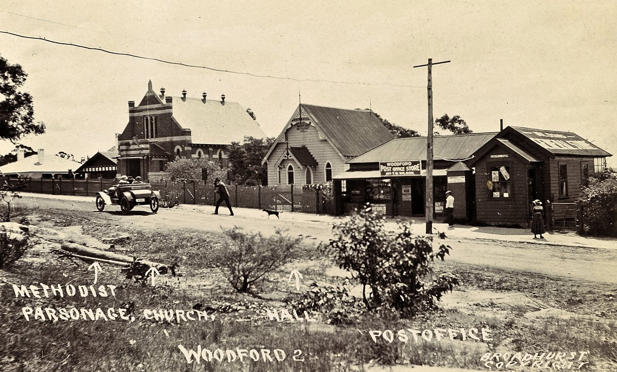 Methodist parsonage, church, hall and post office, Woodford — photograph, from Woodford, c. 1900–27