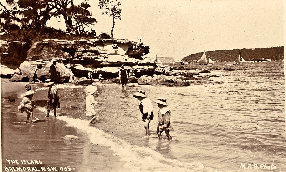 Children paddling at The Island, Balmoral — photograph, from Balmoral Beach, circa 1927