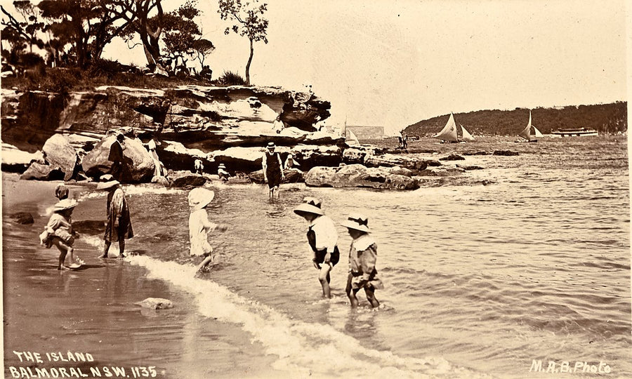 Children paddling at The Island, Balmoral — photograph, from Balmoral Beach, circa 1927