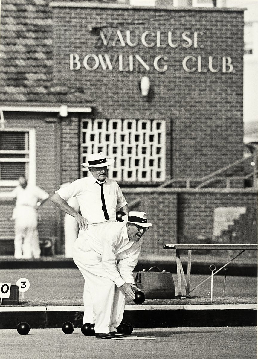 Bowlers on the green at Vaucluse Bowling Club — photograph, from New South Head Road, circa 1966