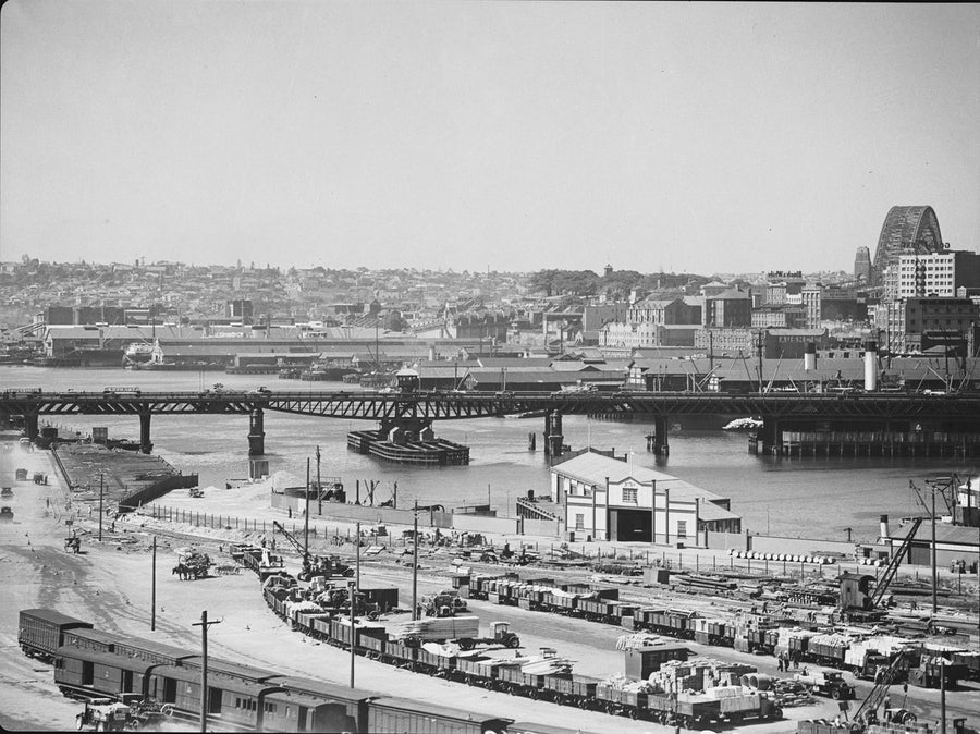 Pyrmont Bridge and Darling Harbour wharves, December 1939 — photograph, from Pyrmont Bridge, circa 1939