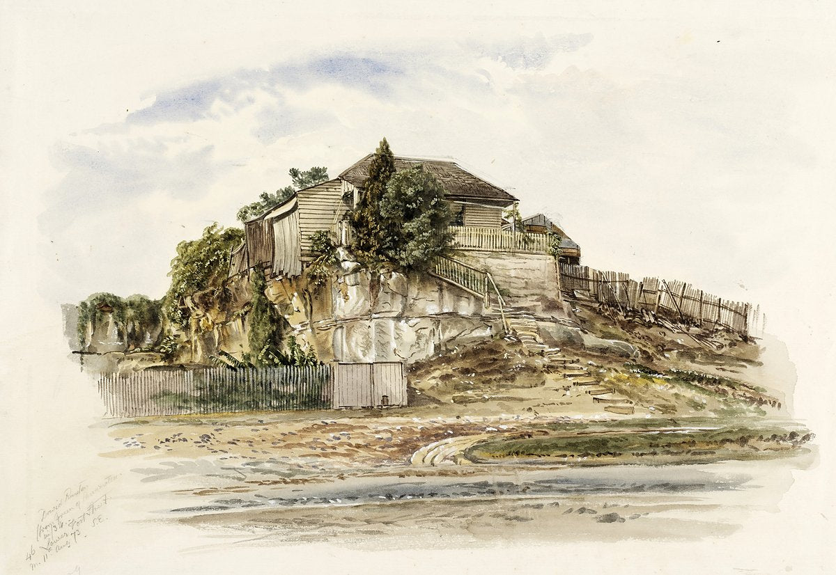Weatherboard cottage on a sandstone ledge above the shore, Sydney — illustration, circa 1862