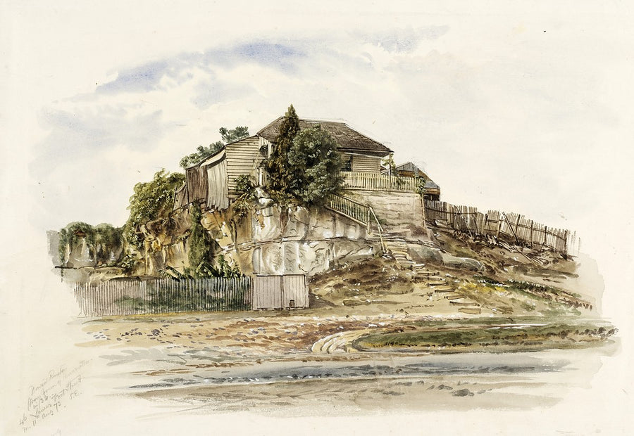 Weatherboard cottage on a sandstone ledge above the shore, Sydney — illustration, circa 1862