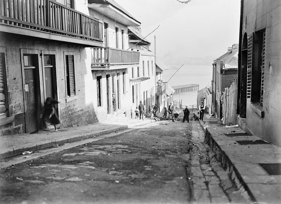 Street running down to Sydney Harbour, The Rocks — photograph, from The Rocks, circa 1900
