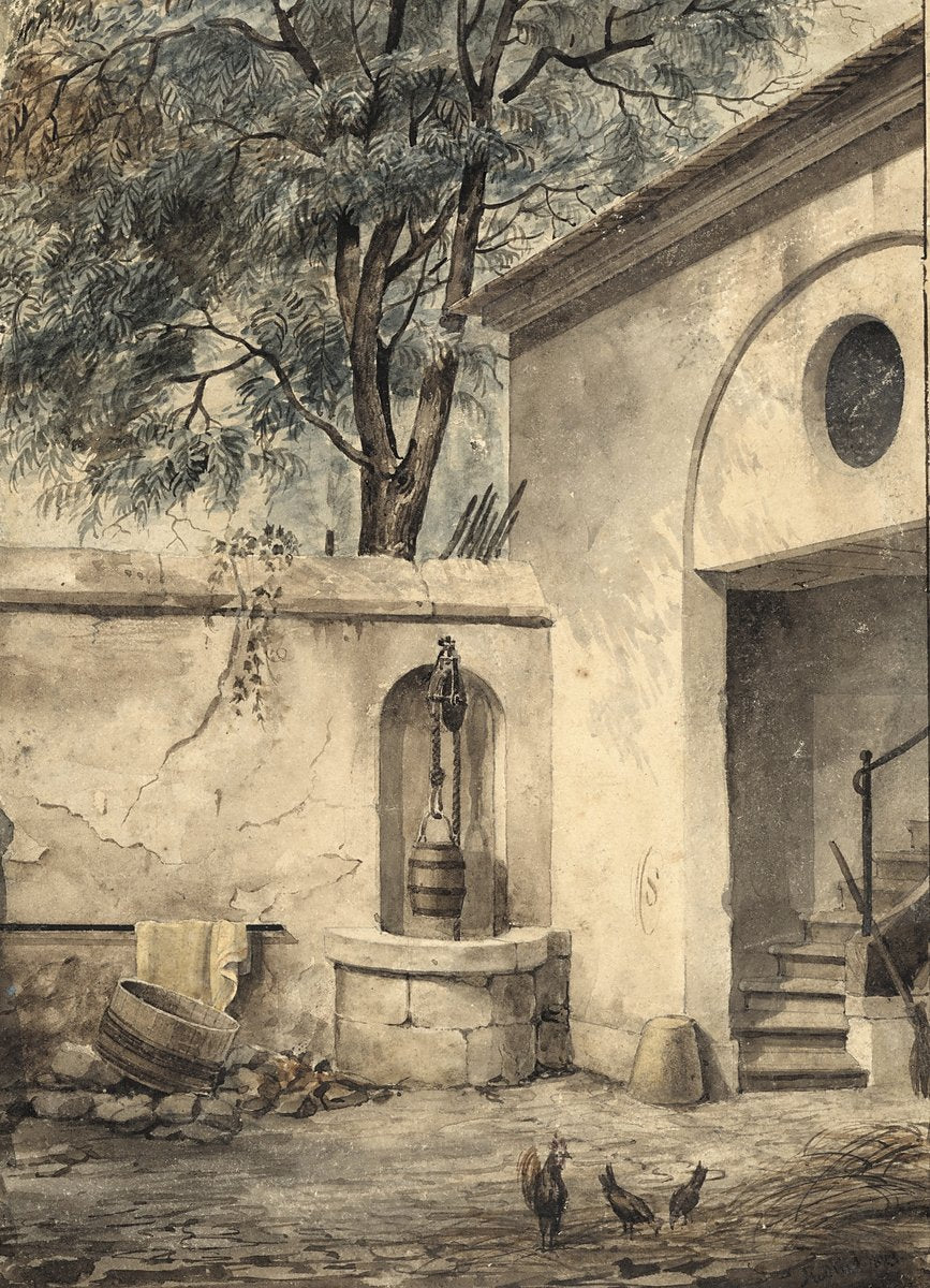 Courtyard of the Hôtel Suisse, the artist's lodging, 1823 — illustration, circa 1823