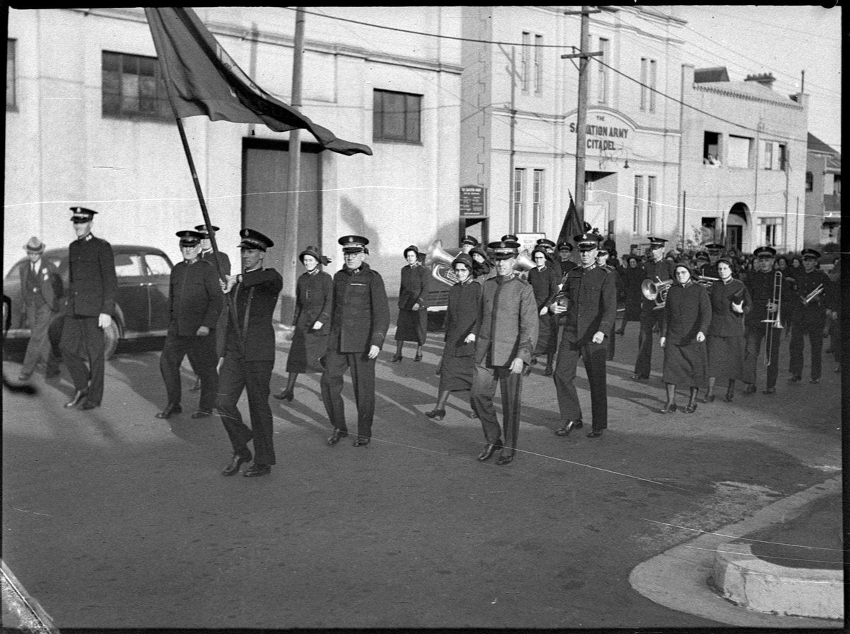 Salvation Army procession passing the citadel, Newtown — photograph, from Salvation Army Citadel, Newtown, circa 1942