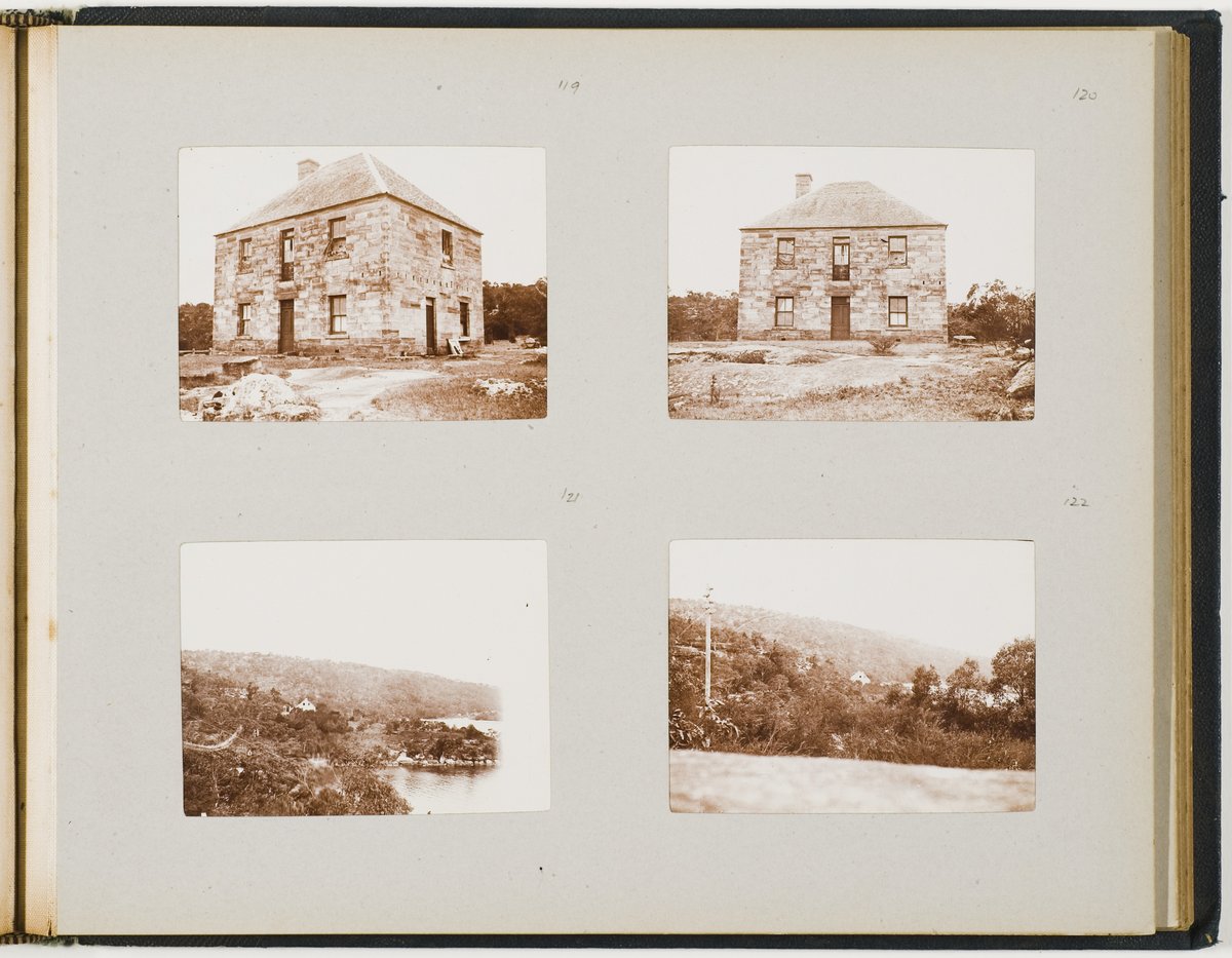 Album page: two-storey sandstone house and bushland waterway views — photograph, from Sydney, New South Wales, circa 1902