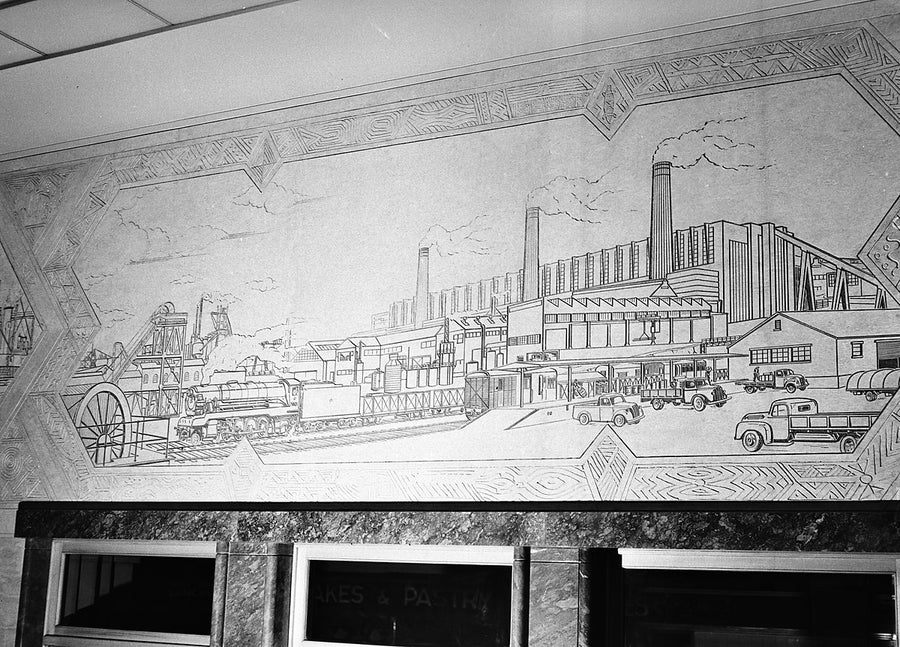 Transport Progress in Frieze mural, Central Station interstate booking office — photograph, from Central Station, 1952