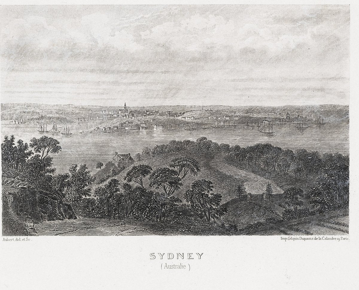 Sydney seen across the harbour, lithograph by Aubert — illustration, from Sydney, c. 1843