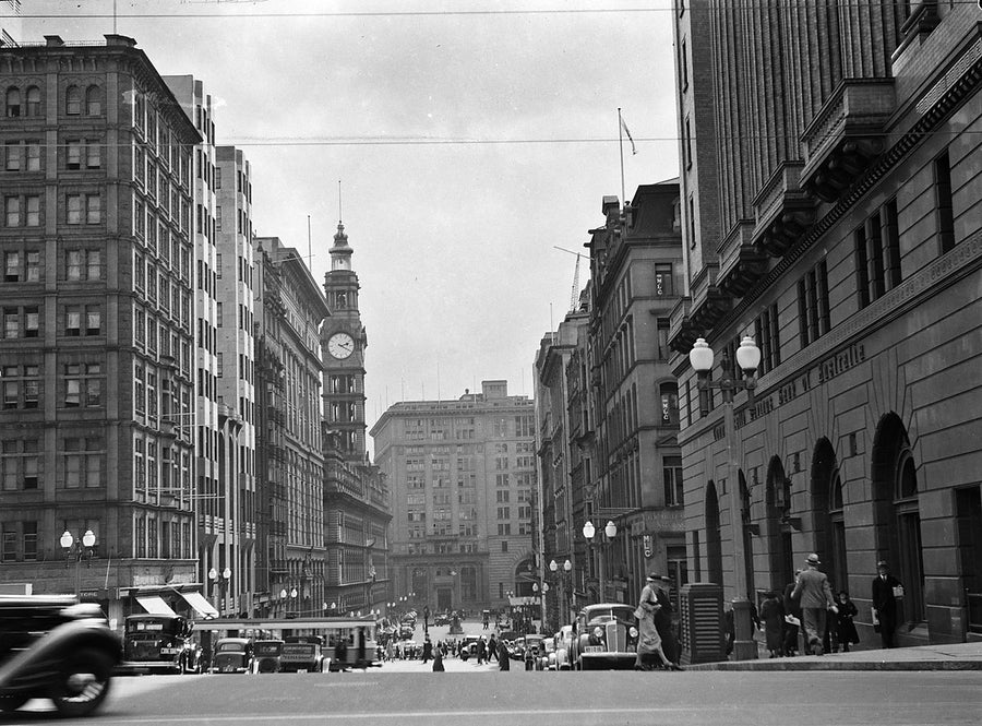 Sydney city street with tram tracks and clock tower — photograph, from Sydney CBD, circa 1937
