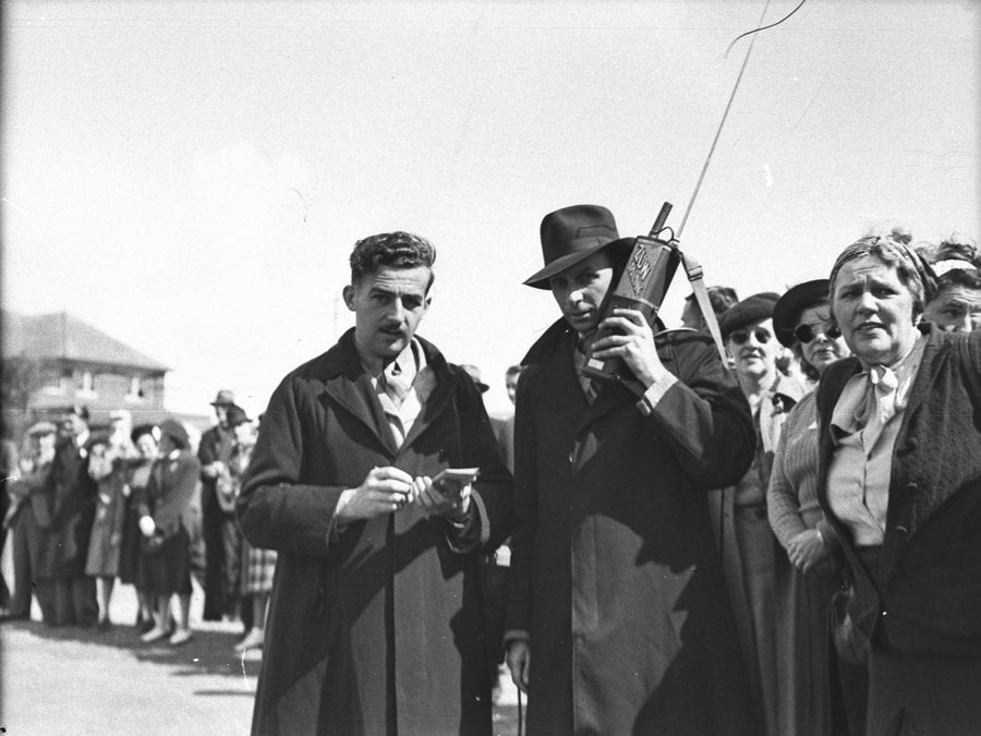 2UW radio men with a walkie-talkie at Royal Sydney Golf Club — photograph, from Royal Sydney Golf Club, Rose Bay, circa 1946