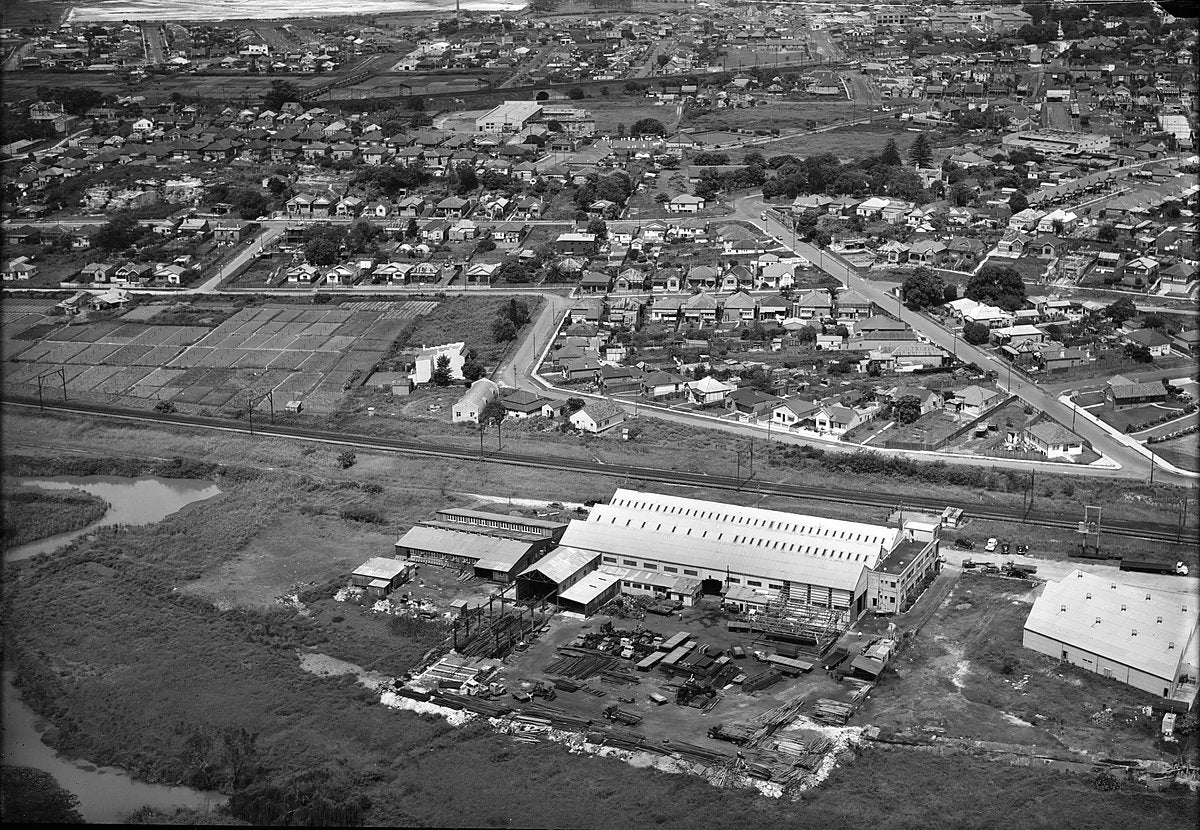 Aerial view of an industrial plant and market gardens beside a Sydney railway — photograph, c. 1950