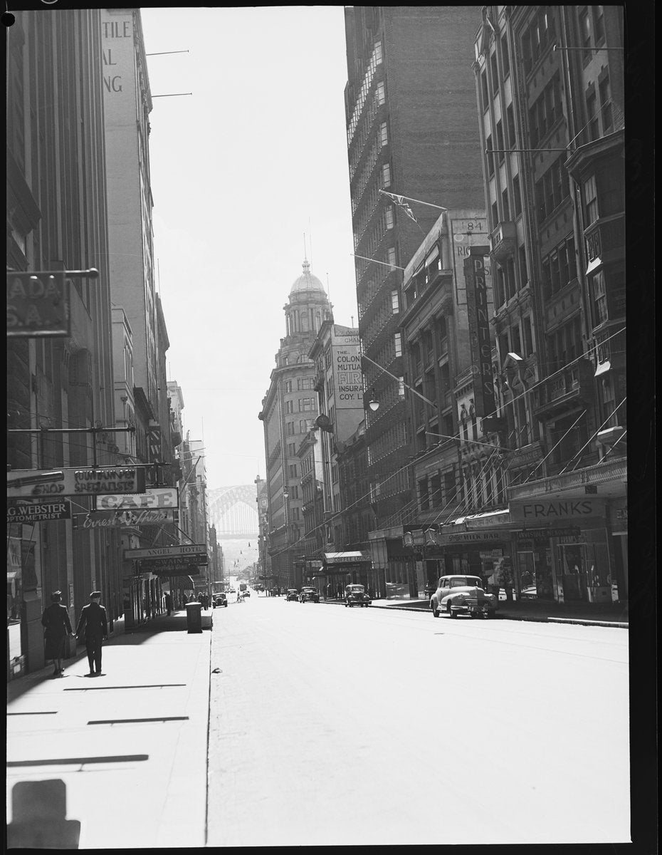 Pitt Street looking north toward the Harbour Bridge, 1951 — photograph, from Pitt Street, Sydney, circa 1951