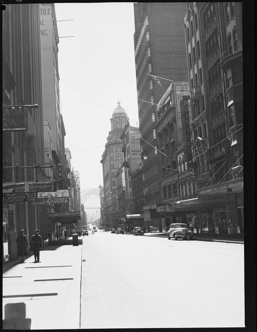 Pitt Street looking north toward the Harbour Bridge, 1951 — photograph, from Pitt Street, Sydney, circa 1951
