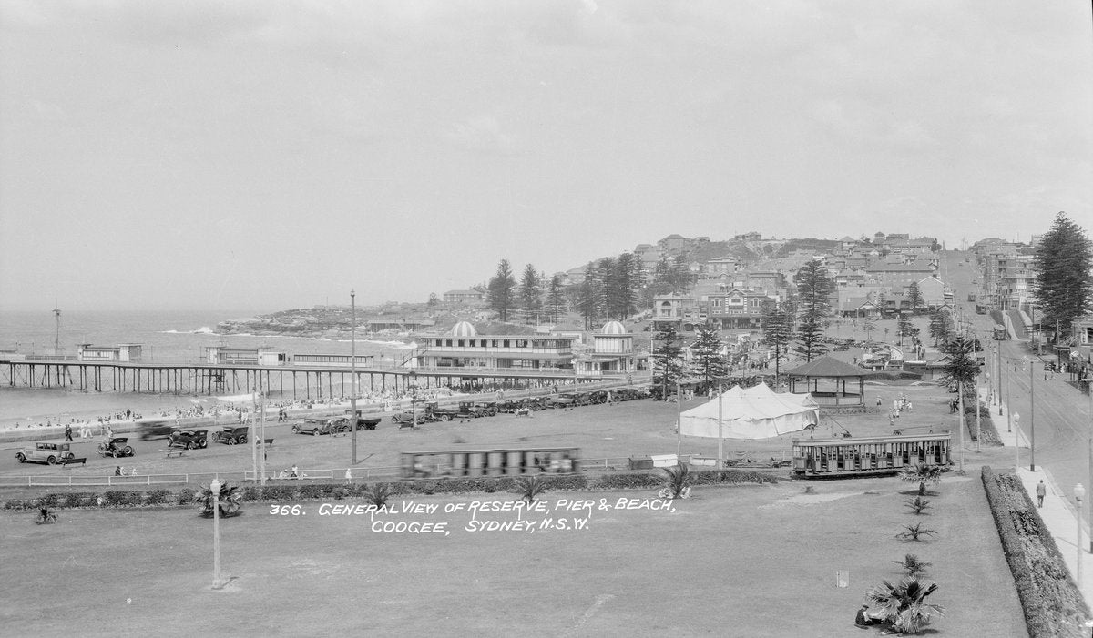 Reserve, pier and beach at Coogee — photograph, from Coogee Beach, Coogee, circa 1928