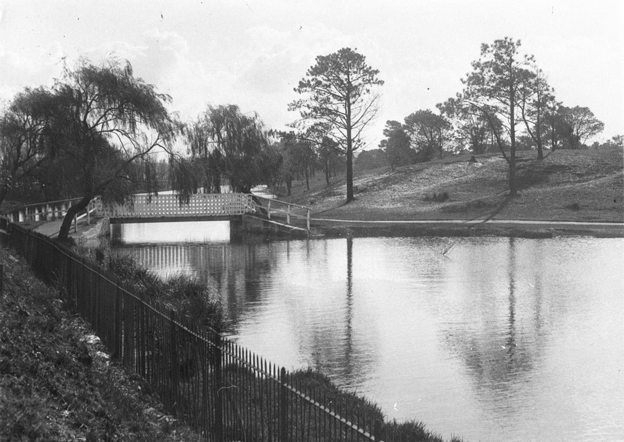 Footbridge and ornamental water, upper Parramatta River — photograph, from Sydney, circa 1930