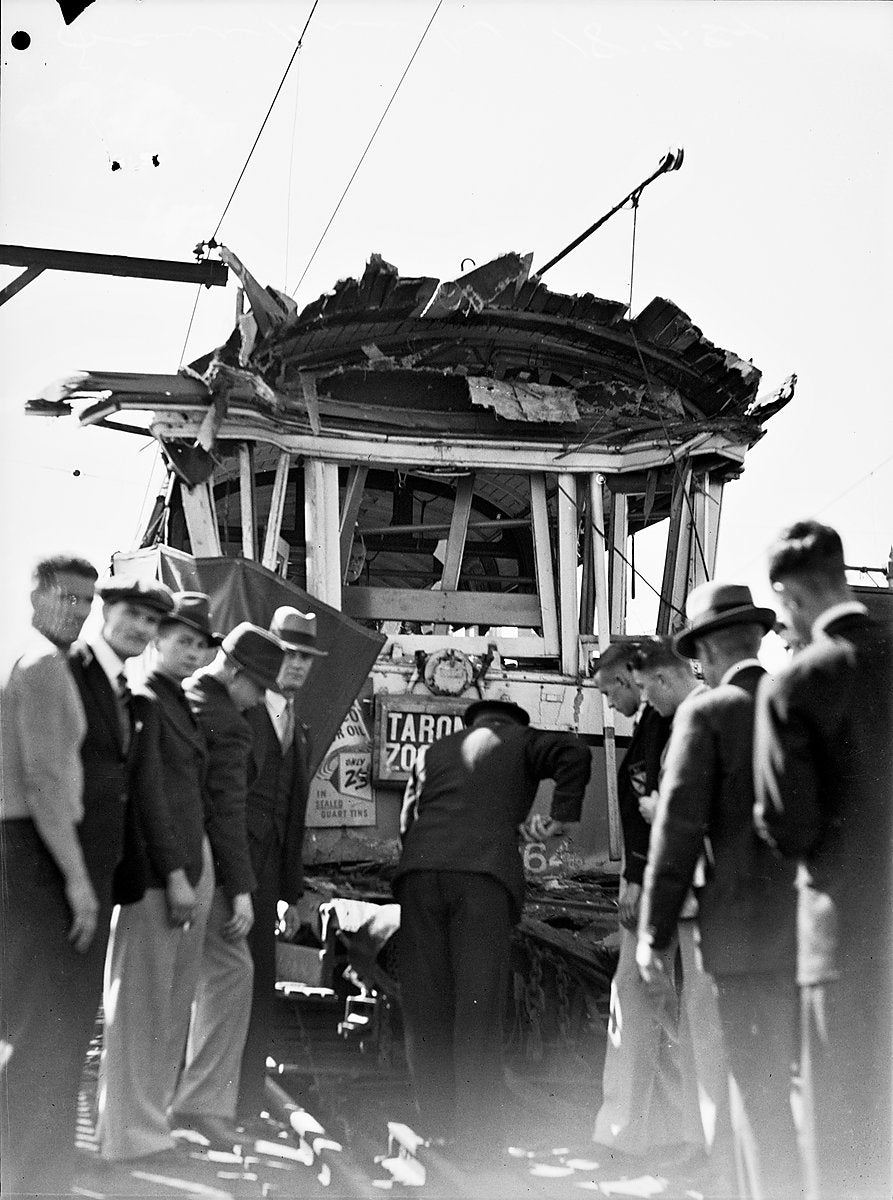 Tram smash on the Taronga Zoo Park line, Sydney — photograph, from Taronga Zoo, 1939