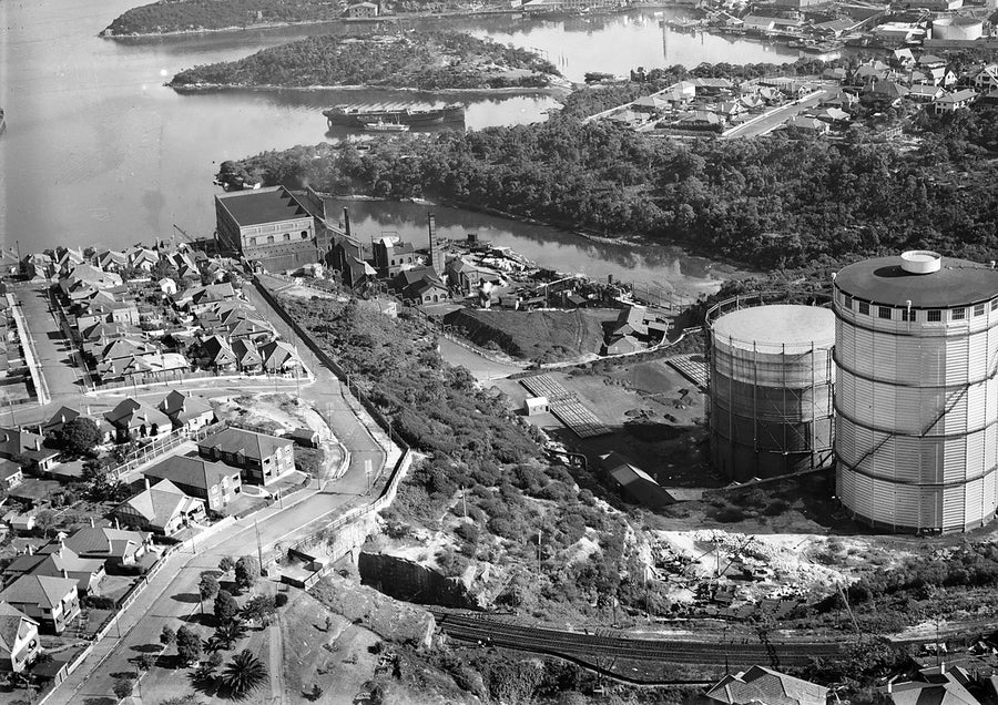 North Shore Gas Works and gasholders, Neutral Bay — photograph, from Neutral Bay, 1935–45