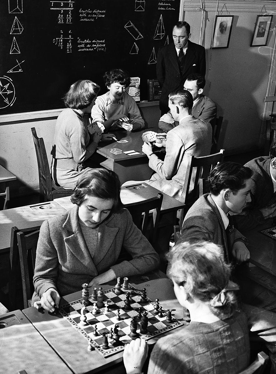Chess and cards at Balmain Teachers' College — photograph, from Balmain, circa 1950