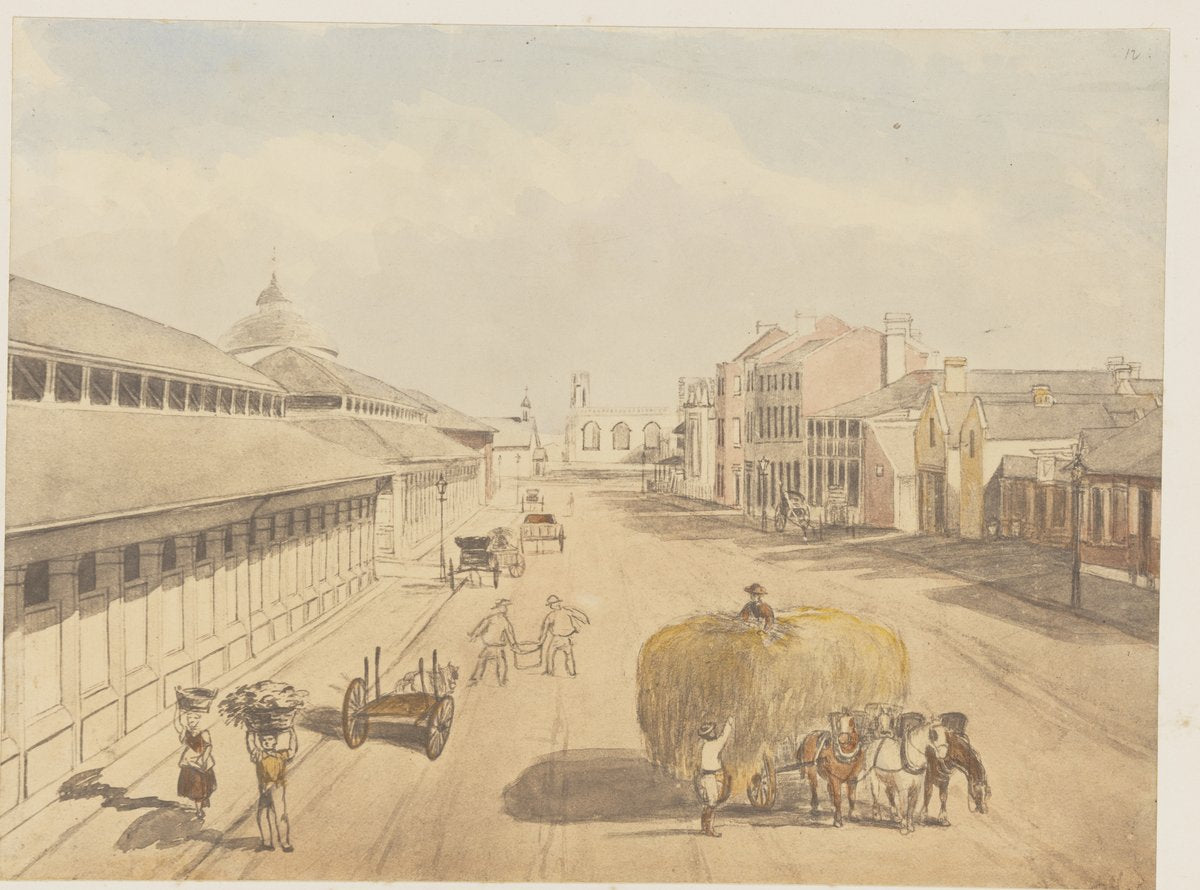 York Street, the George Street Markets and old Corporation offices, 1842 — illustration, from York Street, Sydney, circa 1842